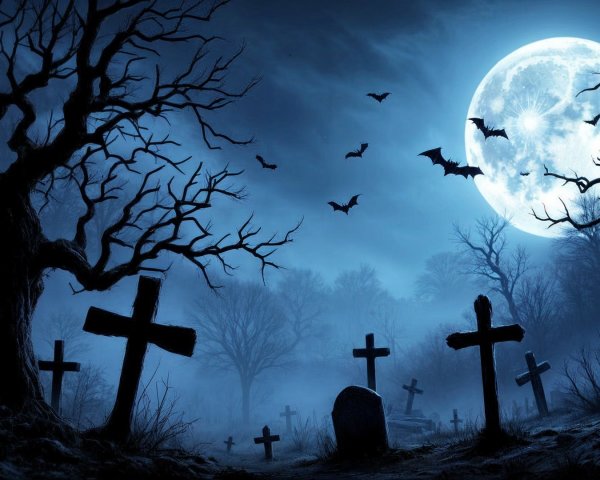 Eerie Night Scene with Barren Trees and Gravestones