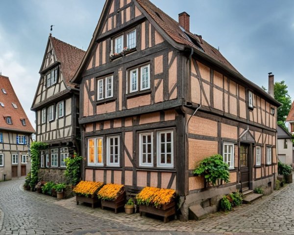Quaint Half-Timbered Houses on Cobblestone Street