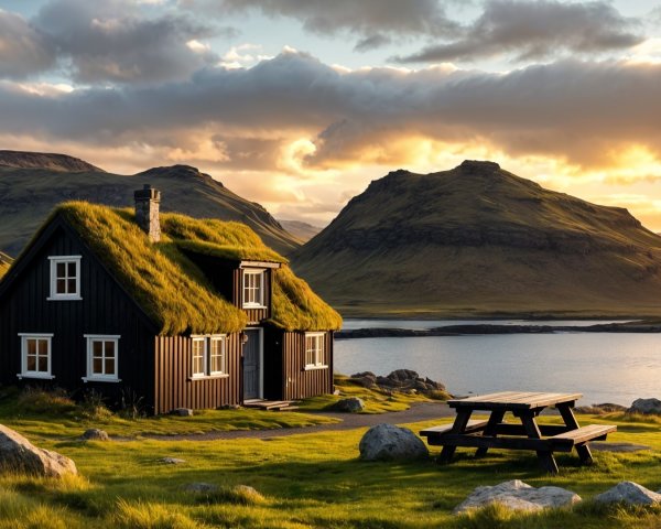 Black Wooden Cottage by Tranquil Lake at Sunset