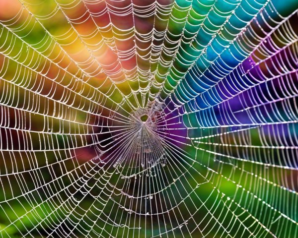 Close-Up of Dewy Spiderweb with Colorful Background