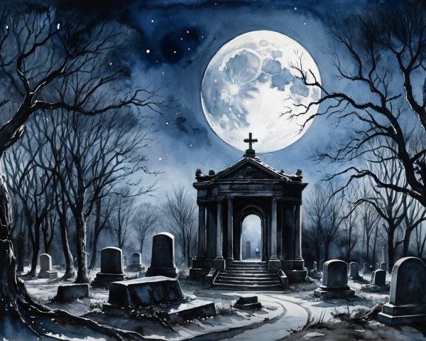 Cemetery Scene with Full Moon and Eerie Atmosphere