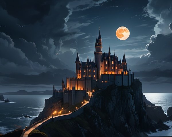 Castle on Cliff Under Moonlight with Dramatic Sky