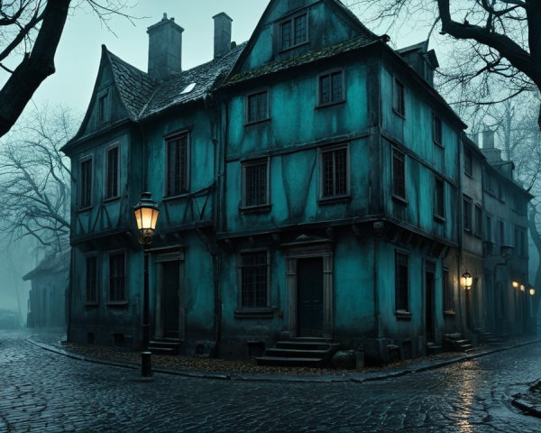 Foggy Cobblestone Street with Dilapidated House