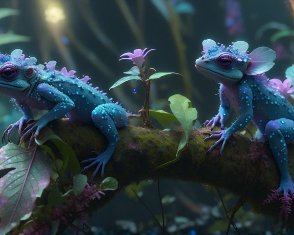 Vivid Frogs on Mossy Branch in Enchanted Forest