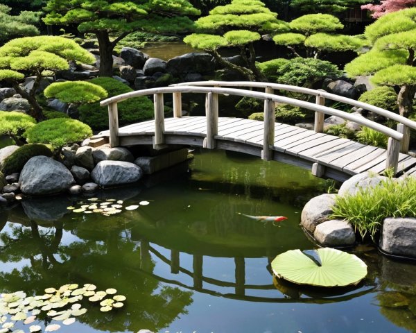 Tranquil Japanese Garden with Wooden Bridge and Pond