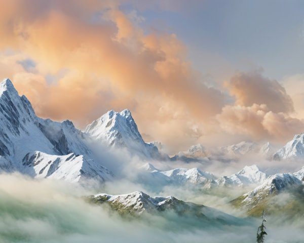 Snow-Capped Mountains with Pastel Sky and Evergreen Trees