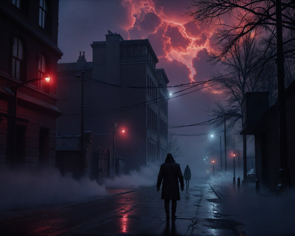 Foggy Street Scene with Eerie Atmosphere and Shadows
