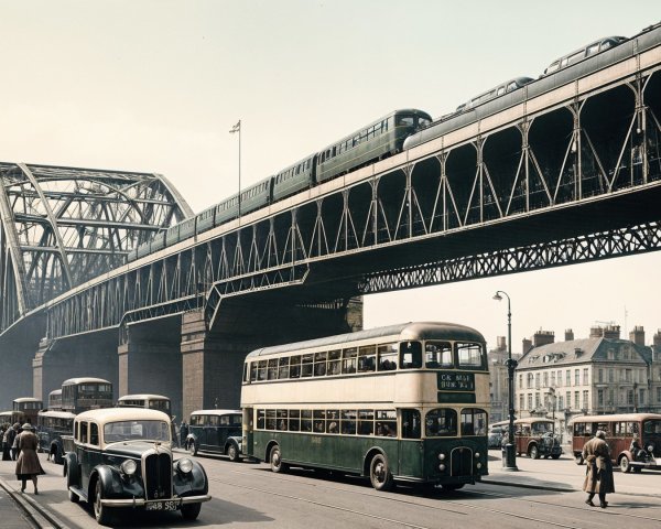 Vintage Street Scene with Classic Cars and Train