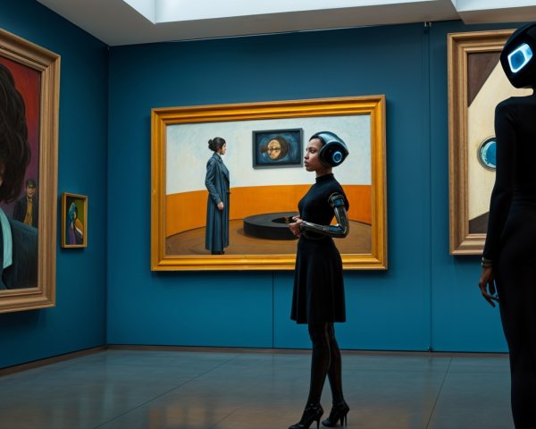 Modern Art Gallery with Futuristic Observers and Art
