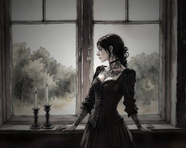 Somber Woman by Window with Tattoos and Candles