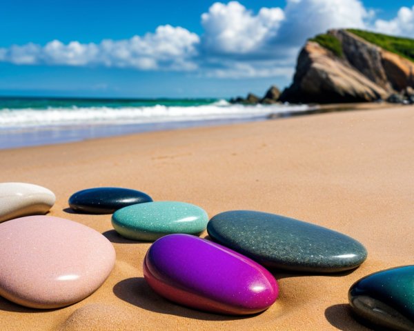 Colorful Stones on Sandy Beach with Coastal Landscape