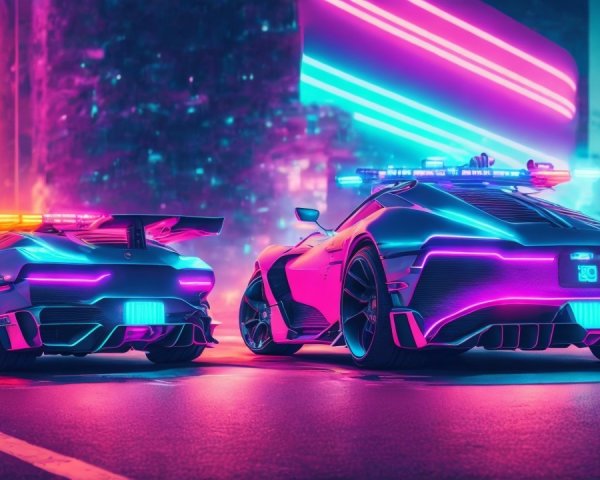 Futuristic cityscape with neon lights and high-tech cars