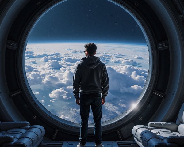 Person gazing at Earth from a circular window in space