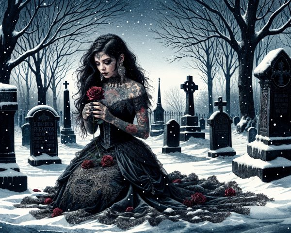 Woman in dark gown kneels in snowy graveyard with rose