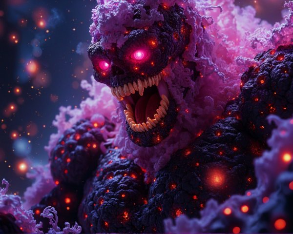 Monstrous figure of purple and black energy with cracks