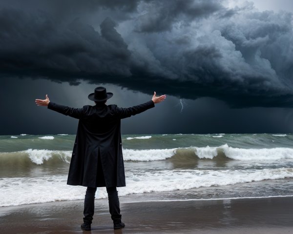 Mysterious Figure on Beach Amid Stormy Skies