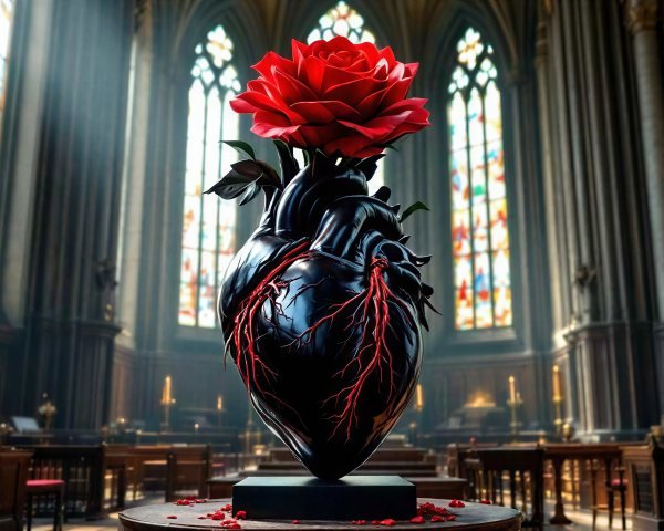Anatomical Heart Sculpture with Rose in Cathedral Setting