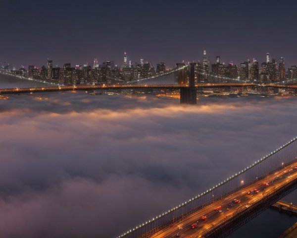 Night View of Bridge Over Fog with City Lights