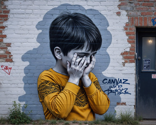 Mural of a Boy in Distress with Urban Background