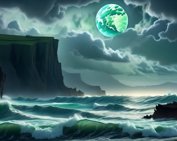 Dramatic Seascape with Cliffs and Luminous Moon