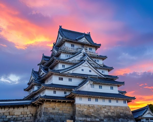 Japanese castle with multi-tiered roof and vibrant sky