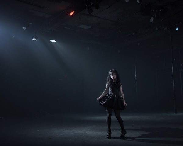Young girl in black dress twirling on dim theater stage