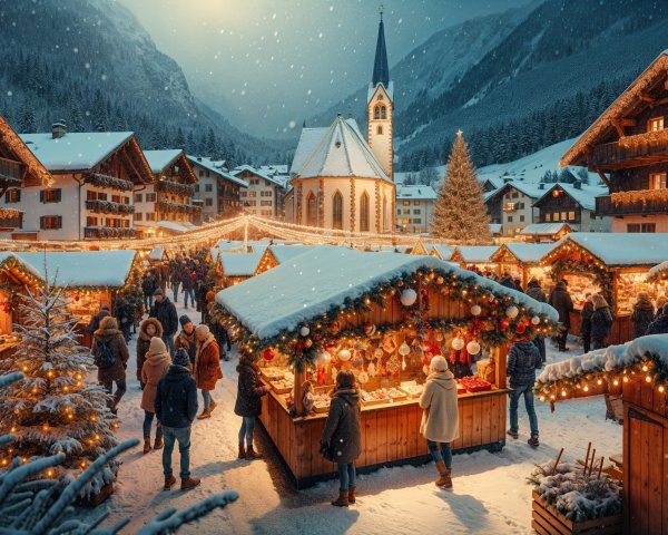 Winter Market in Snowy Village with Festive Decor