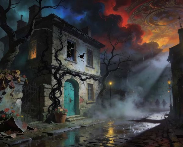 Mysterious Old-World Village Street at Night