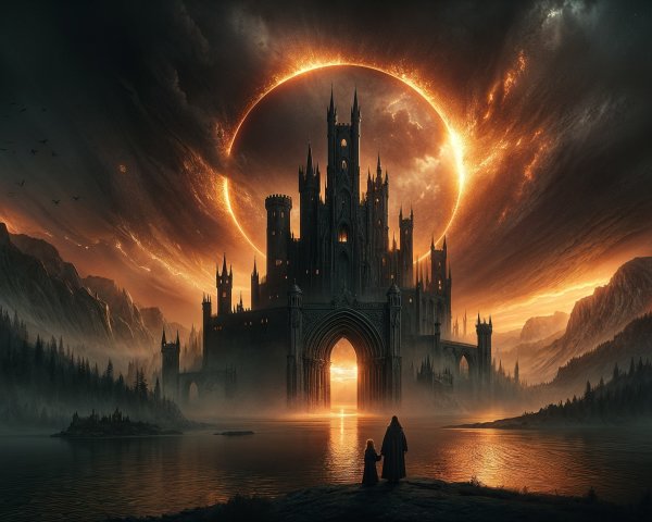 Majestic dark castle under dramatic sky and lake