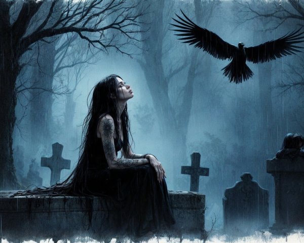 Sorrowful Figure in a Misty Graveyard Setting
