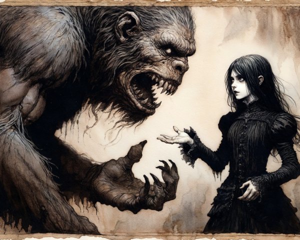 Monstrous Creature and Victorian Girl in Tense Scene