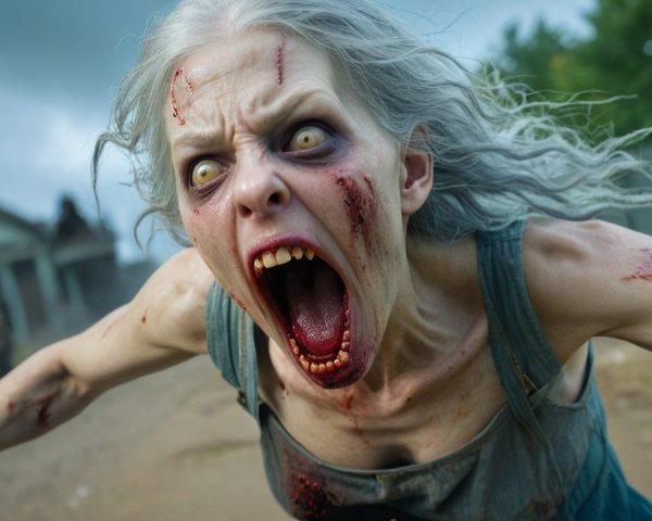Grotesque Aged Figure in Tattered Blue Dress
