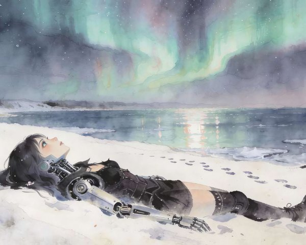 Watercolor of Robotic Female Figure on Snowy Shore