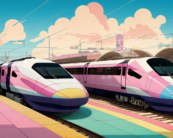 Futuristic Pastel Trains at a Sunny Tropical Station