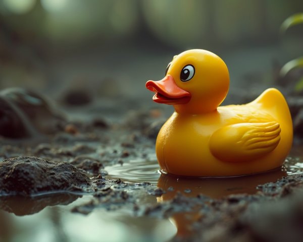 Yellow Rubber Duck Floating in a Puddle with Stones