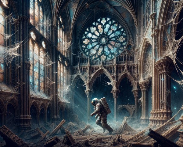 Desolate Cathedral with Stained Glass in Space Setting