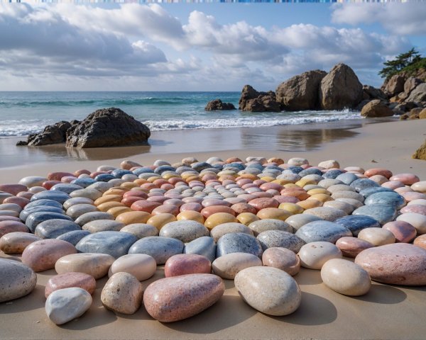 Colorful Spiral Arrangement of Pebbles on Beach Sand