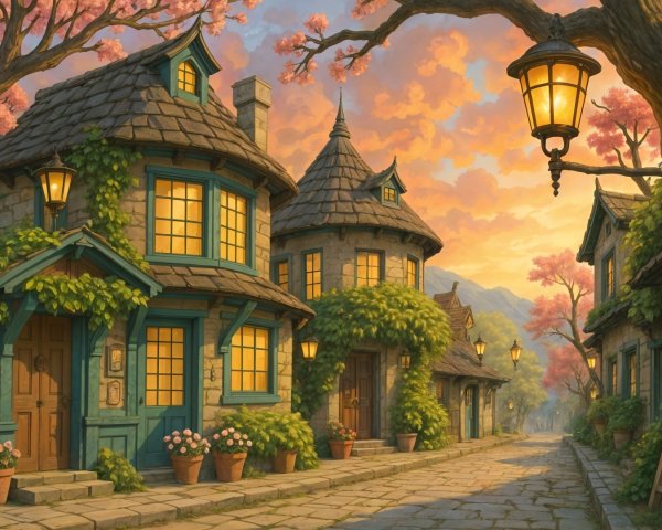 Charming Village Street with Cottages and Lanterns