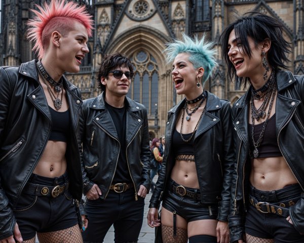 Young Adults in Punk Fashion Against Architectural Backdrop