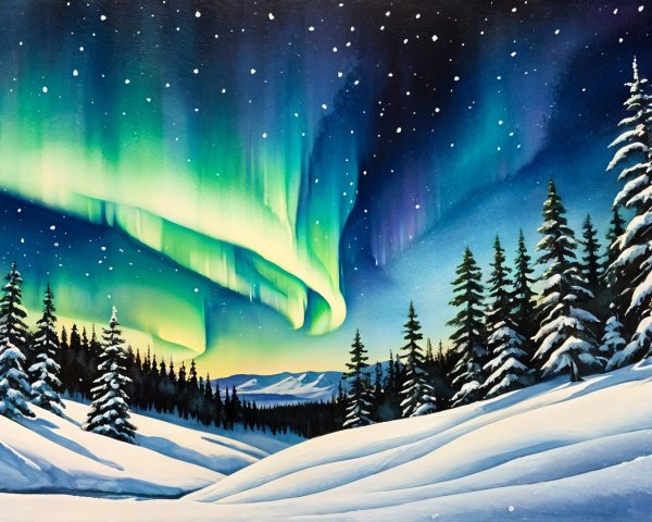 Winter Landscape with Northern Lights and Pine Trees