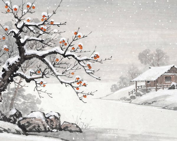 Snowy Chinese Landscape with Gnarled Fruit Tree