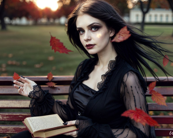 Young woman reading on a park bench in autumn