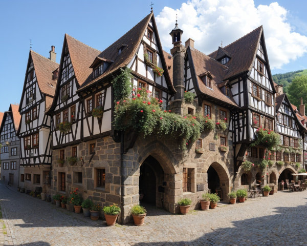 Charming Village Scene with Timber-Framed Houses