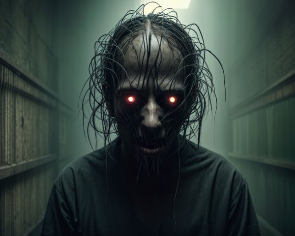 Haunting Figure in Dimly Lit Corridor with Fog