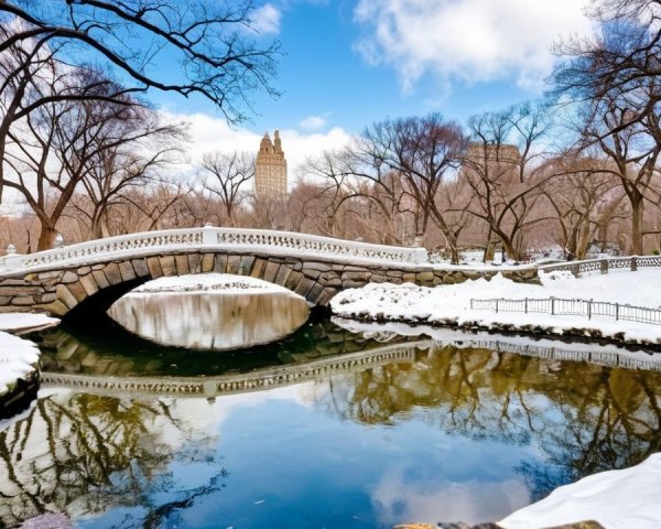 Winter Scene in Central Park with Stone Bridge and Pond