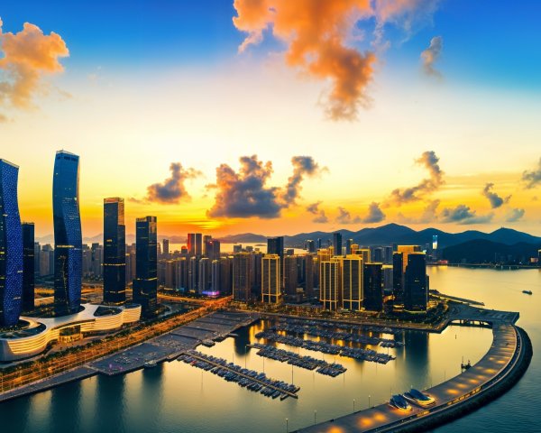 Aerial View of Modern City Skyline at Sunset