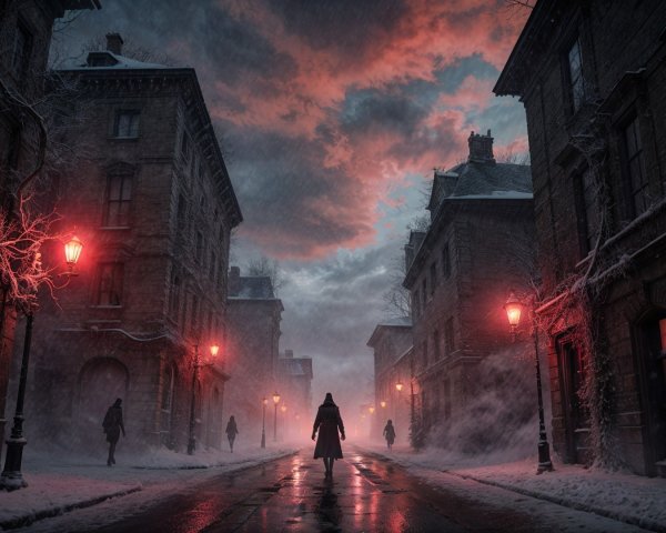 Haunting Winter Scene in a Snow-Covered Street