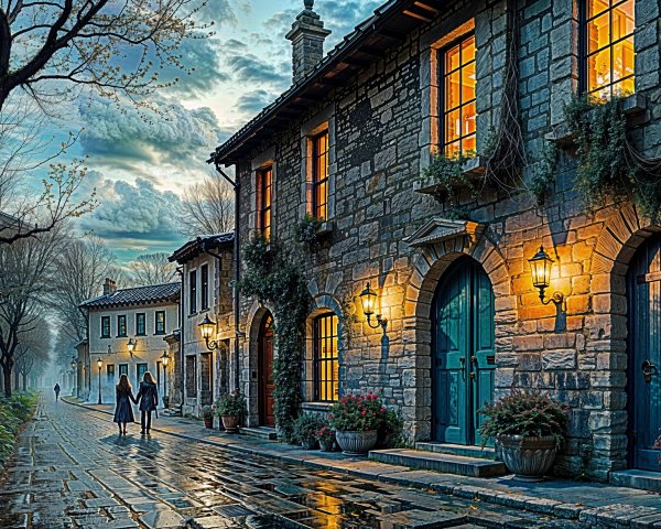 Charming Cobblestone Street in Idyllic Village Scene