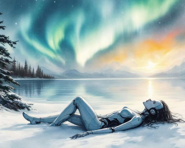 Cyborg on Snowy Shore Under Aurora Borealis Sky