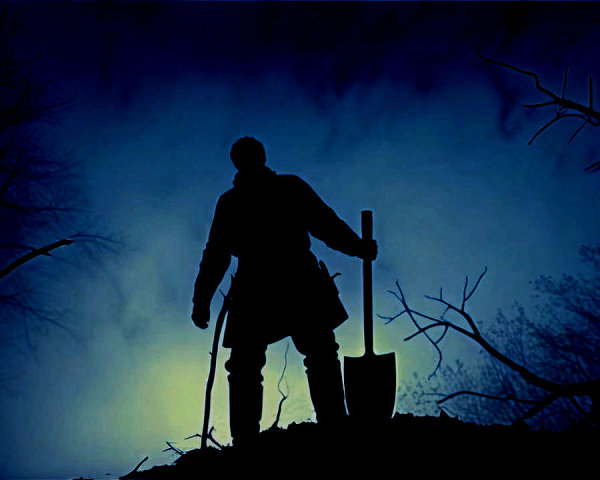 Silhouette of a Man with Shovel on Dark Gradient Hill